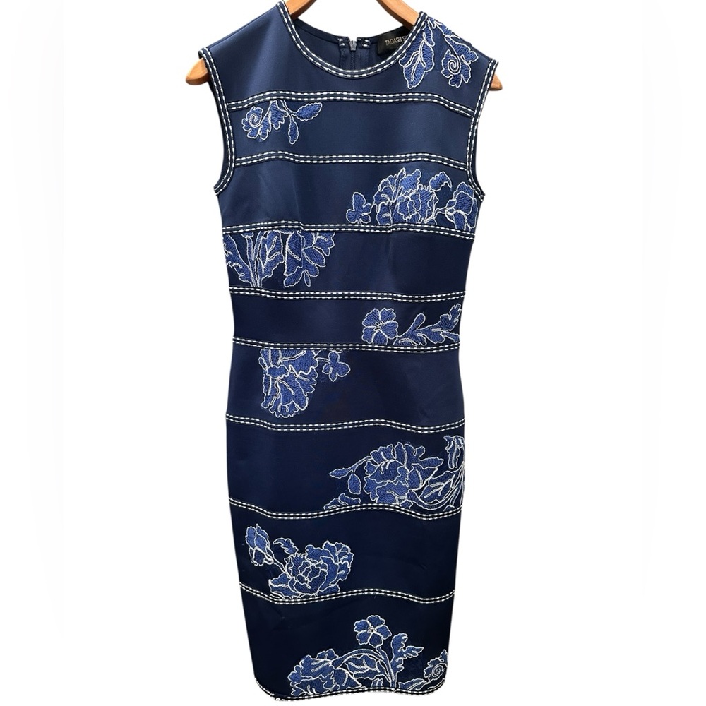 Tadashi Shoji Kitami Embroidered Sleeveless‎ Shift Dress Blue Neoprene Size S
